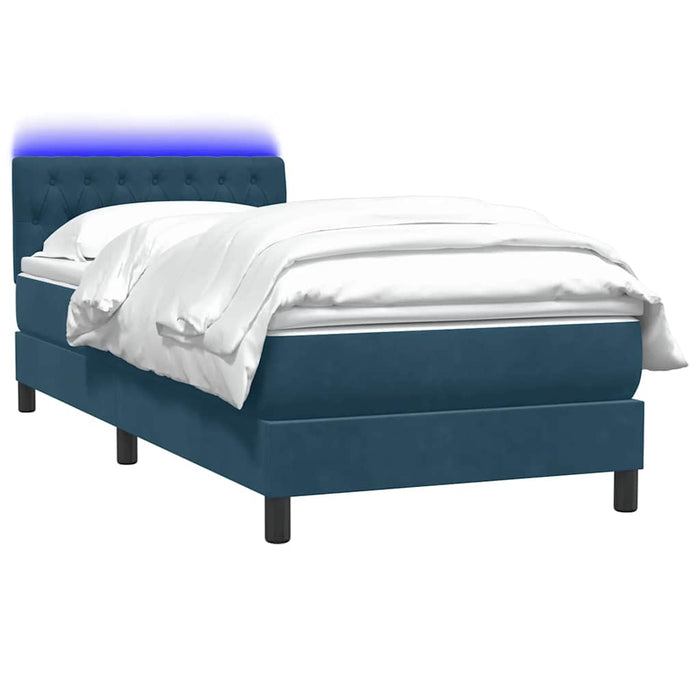 Pat cu arcuri cu saltea și LED, albastru închis, 90x220 cm, catifea WALTI