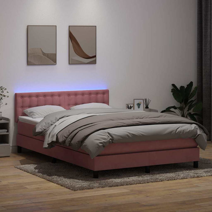 Pat cu arcuri cu saltea și LED, roz, 140x210 cm, catifea WALTI
