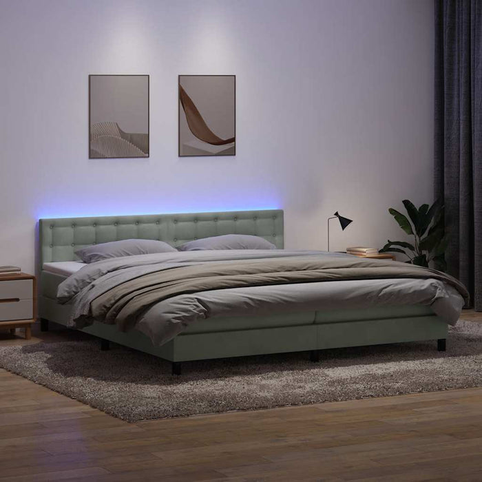 Pat cu arcuri cu saltea și LED, gri deschis, 200x210 cm, catifea WALTI