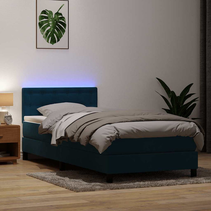 Pat cu arcuri cu saltea și LED, albastru închis, 90x220 cm, catifea WALTI