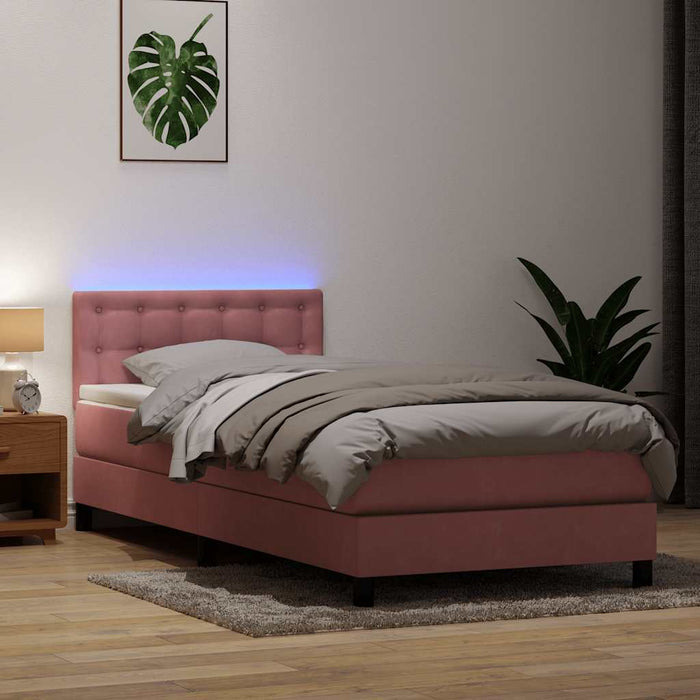 Pat cu arcuri cu saltea și LED, roz, 90x220 cm, catifea WALTI