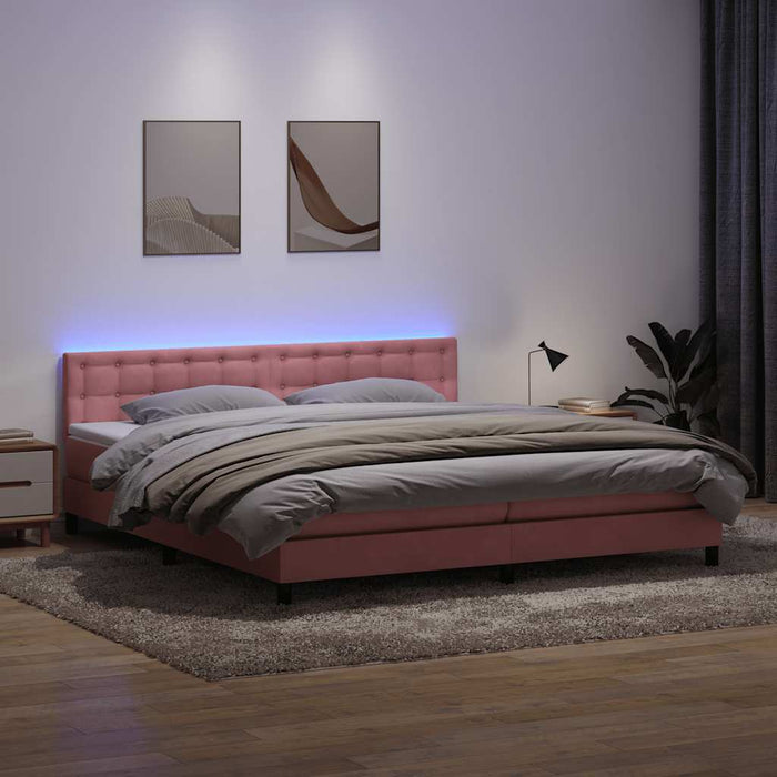 Pat cu arcuri cu saltea și LED, roz, 200x220 cm, catifea WALTI