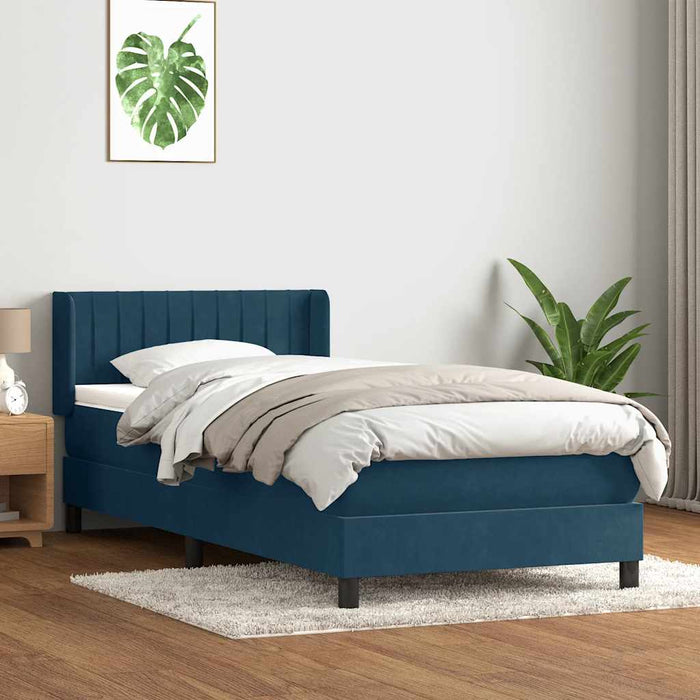 Pat box spring cu saltea, albastru închis, 90x220 cm, catifea WALTI