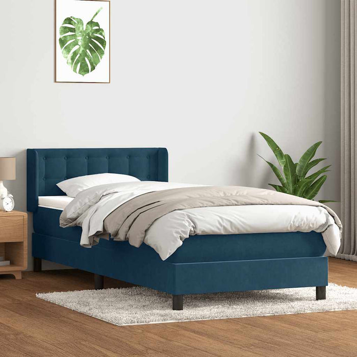 Pat box spring cu saltea, albastru închis, 90x220 cm, catifea WALTI