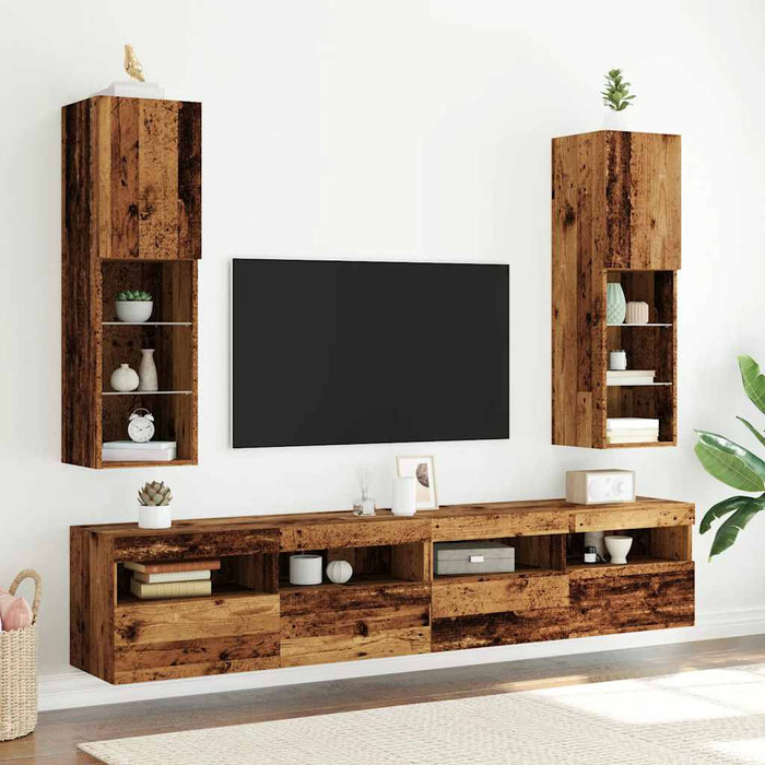 Comode TV cu lumini LED, 2 buc., lemn vechi, 30,5x30x102 cm - WALTI WALTI