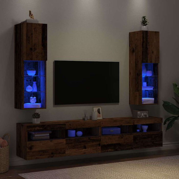 Comode TV cu lumini LED, 2 buc., lemn vechi, 30,5x30x102 cm - WALTI WALTI