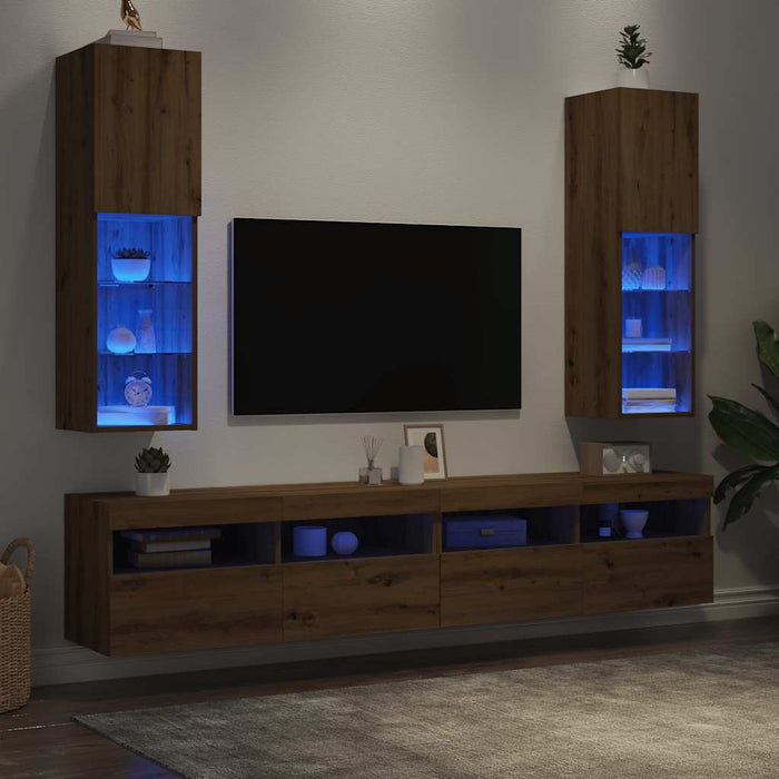Comode TV cu lumini LED 2 buc. stejar artizanal 30,5x30x102 cm - WALTI WALTI