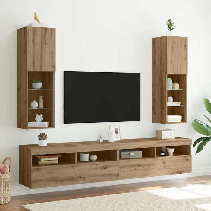 Comode TV cu lumini LED 2 buc. stejar artizanal 30,5x30x102 cm - WALTI WALTI