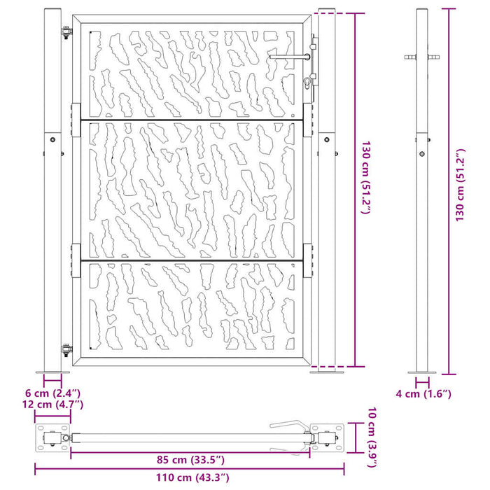 Poartă de grădină neagră 100x125 cm, model cu urme din oțel WALTI
