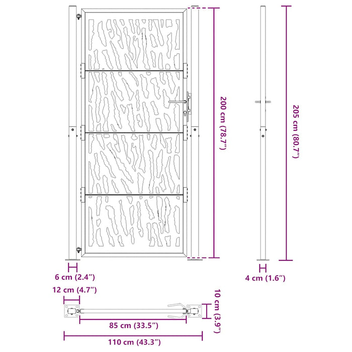Poartă de grădină neagră 100x200 cm, model cu urme din oțel WALTI