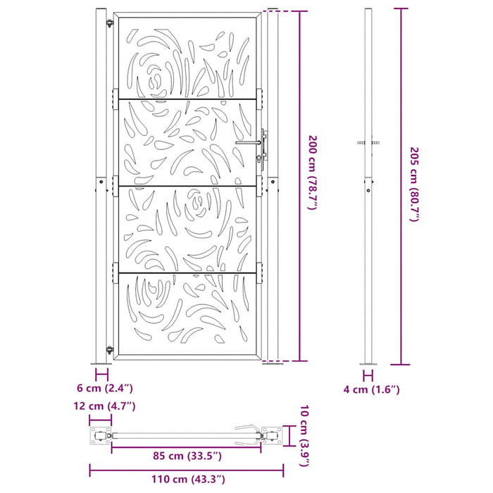 Poartă de grădină neagră 100x200 cm, oțel, design cu flacără WALTI