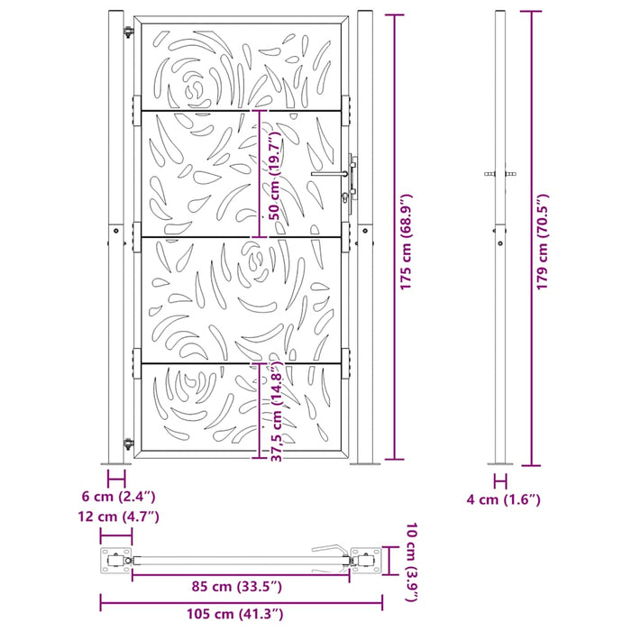 Poartă de grădină 100x175 cm, oțel rezistent la intemperii, design cu flacără WALTI