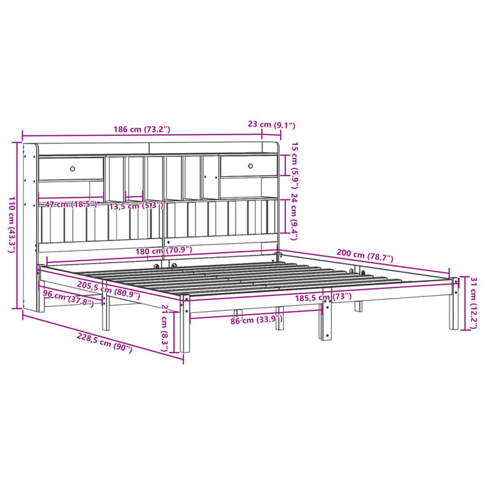 Pat cu bibliotecă fără saltea, 180x200 cm, lemn masiv de pin - WALTI WALTI