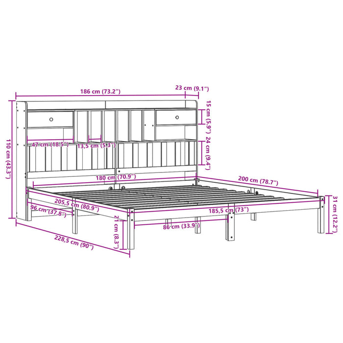 Pat cu bibliotecă fără saltea, 180x200 cm, lemn masiv de pin - WALTI WALTI