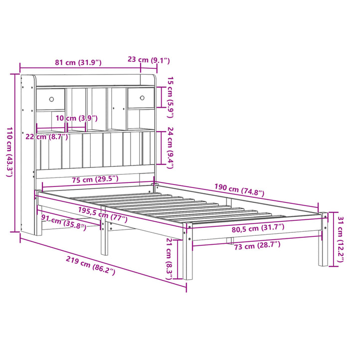 Pat bibliotecă fără saltea maro ceruit 75x190 cm lemn masiv pin WALTI