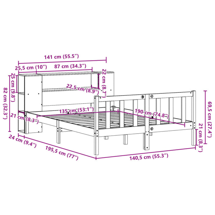 Pat cu bibliotecă fără saltea, alb, 135x190 cm, lemn masiv pin WALTI