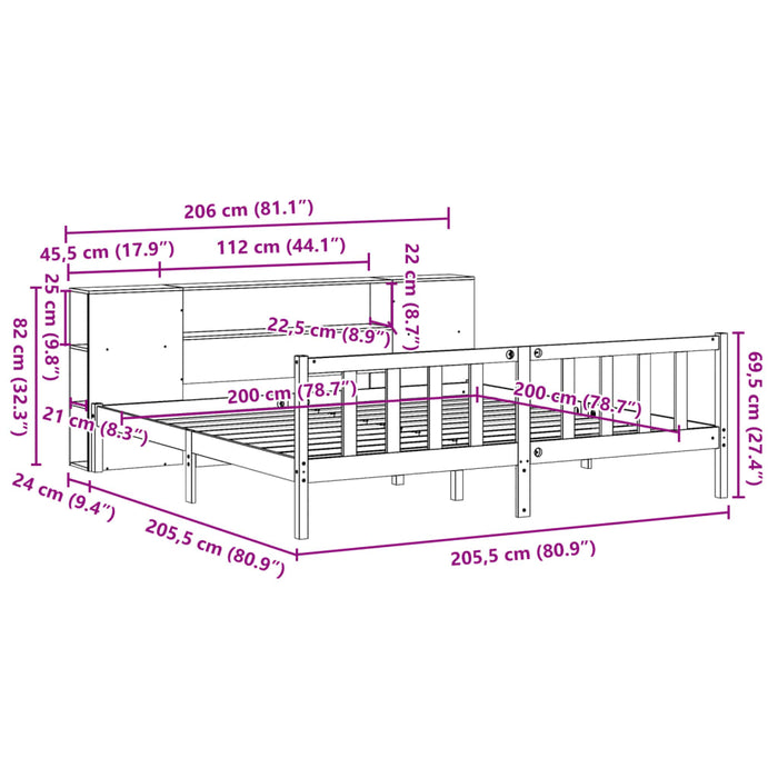 Pat cu bibliotecă fără saltea, alb, 200x200 cm, lemn masiv pin WALTI