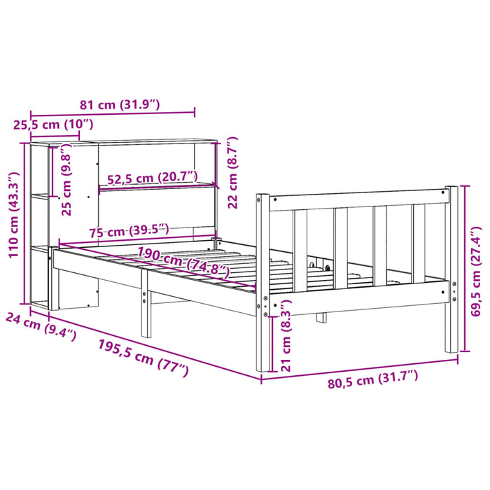 Pat bibliotecă fără saltea maro ceruit 75x190 cm lemn masiv pin WALTI