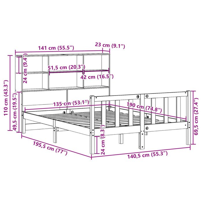 Pat cu bibliotecă fără saltea, alb, 135x190 cm, lemn masiv pin WALTI