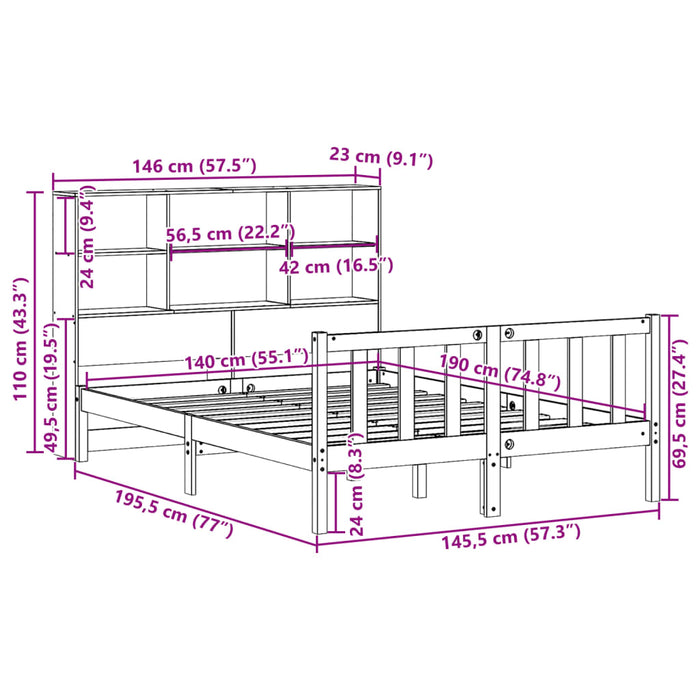 Pat cu bibliotecă fără saltea, 140x190 cm, lemn masiv de pin WALTI