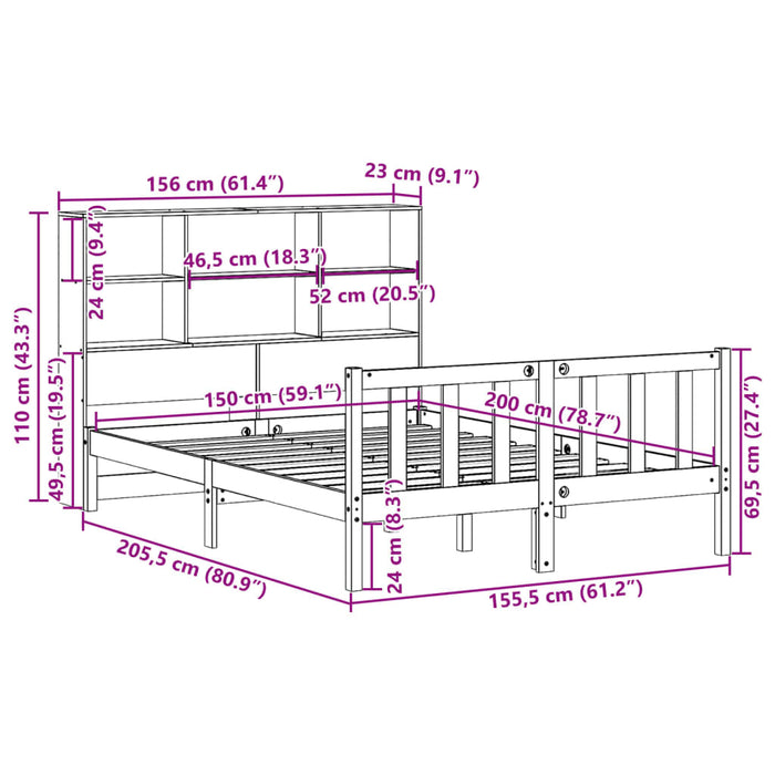 Pat cu bibliotecă fără saltea, alb, 150x200 cm, lemn masiv pin WALTI