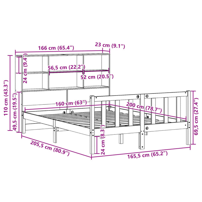 Pat cu bibliotecă fără saltea, alb, 160x200 cm, lemn masiv pin WALTI