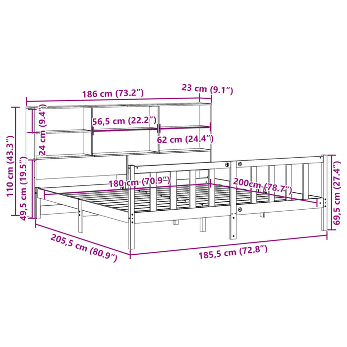 Pat cu bibliotecă fără saltea, 180x200 cm, lemn masiv de pin WALTI