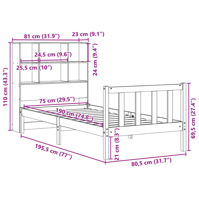Pat bibliotecă fără saltea maro ceruit 75x190 cm lemn masiv pin WALTI