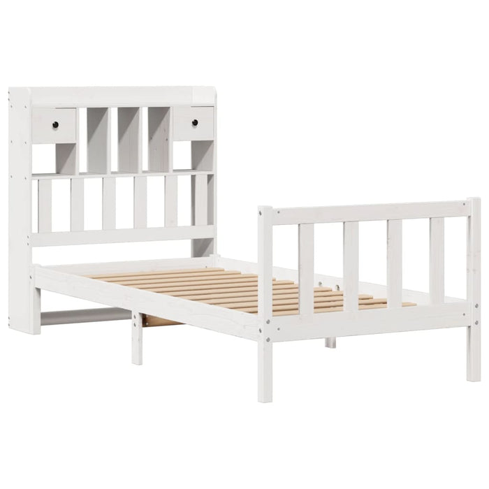 Pat cu bibliotecă fără saltea, alb, 75x190 cm, lemn masiv pin WALTI