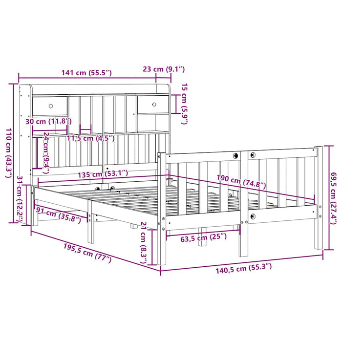 Pat cu bibliotecă fără saltea, 135x190 cm, lemn masiv de pin WALTI