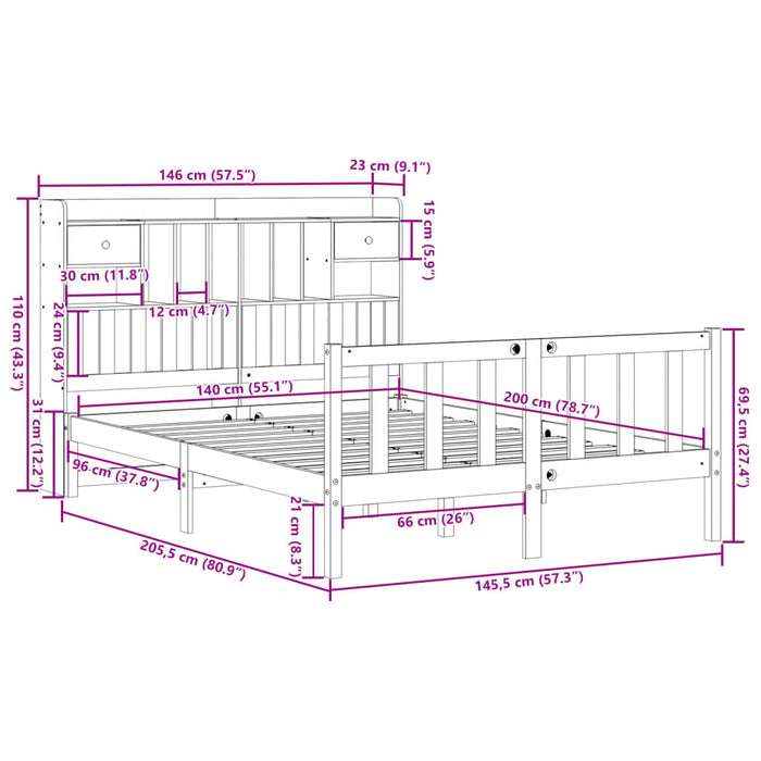 Pat cu bibliotecă fără saltea, alb, 140x200 cm, lemn masiv pin WALTI