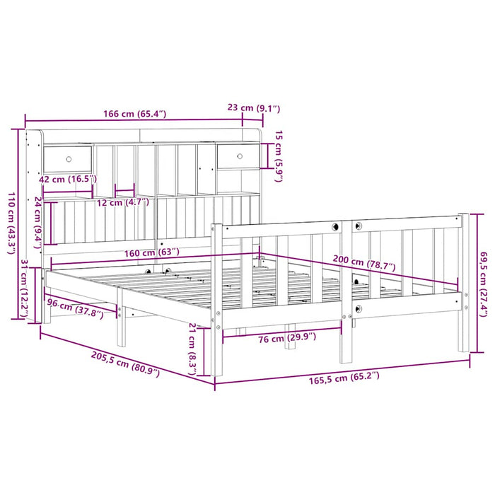 Pat cu bibliotecă fără saltea, alb, 160x200 cm, lemn masiv pin WALTI