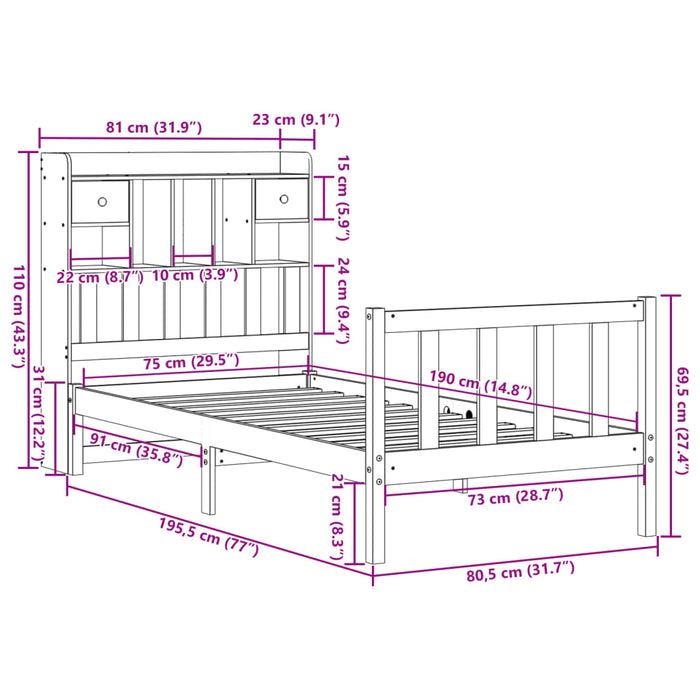 Pat bibliotecă fără saltea maro ceruit 75x190 cm lemn masiv pin WALTI