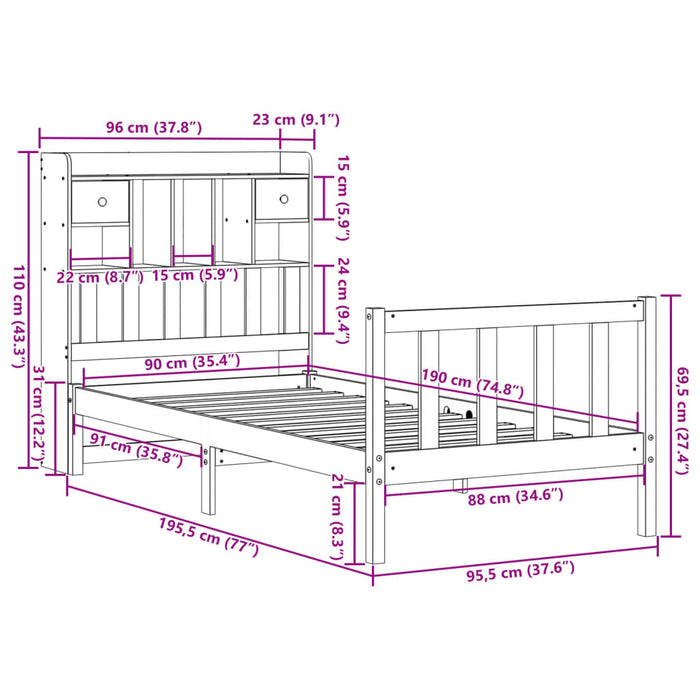 Pat bibliotecă fără saltea maro ceruit 90x190 cm lemn masiv pin WALTI