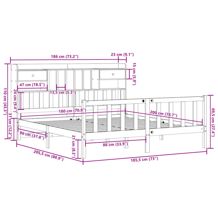 Pat cu bibliotecă fără saltea maro 180x200 cm lemn masiv de pin WALTI