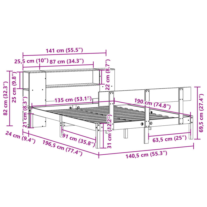 Pat cu bibliotecă fără saltea, alb, 135x190 cm, lemn masiv pin - WALTI WALTI
