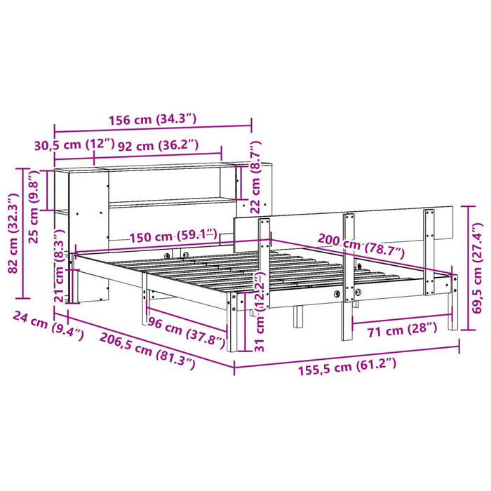 Pat cu bibliotecă fără saltea, 150x200 cm, lemn masiv de pin WALTI