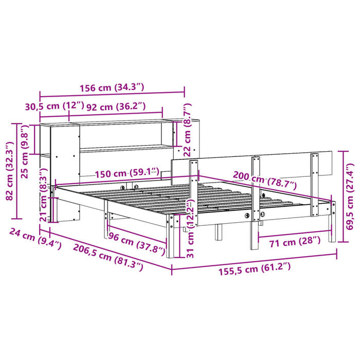 Pat cu bibliotecă fără saltea, alb, 150x200 cm, lemn masiv pin WALTI