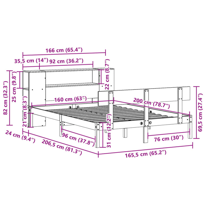 Pat cu bibliotecă fără saltea, 160x200 cm, lemn masiv de pin WALTI