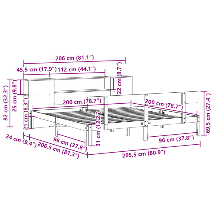 Pat cu bibliotecă fără saltea, alb, 200x200 cm, lemn masiv pin WALTI