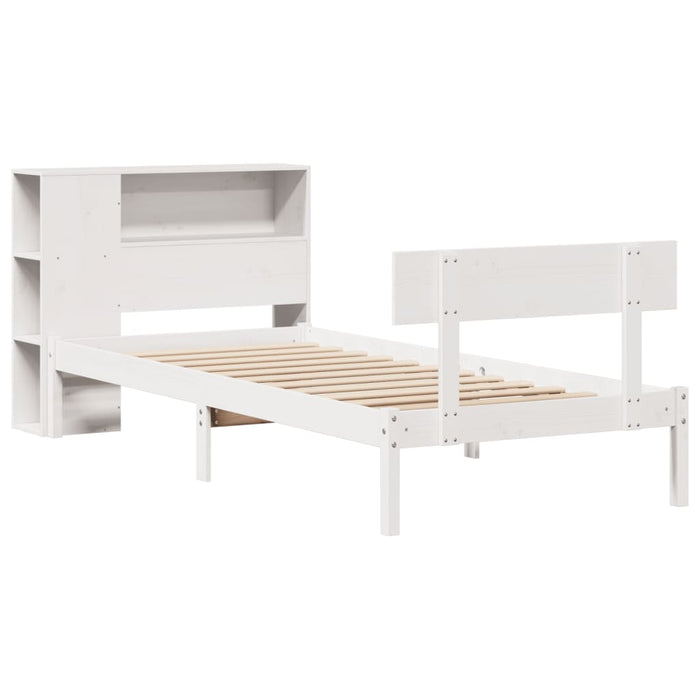 Pat cu bibliotecă fără saltea, alb, 75x190 cm, lemn masiv pin WALTI