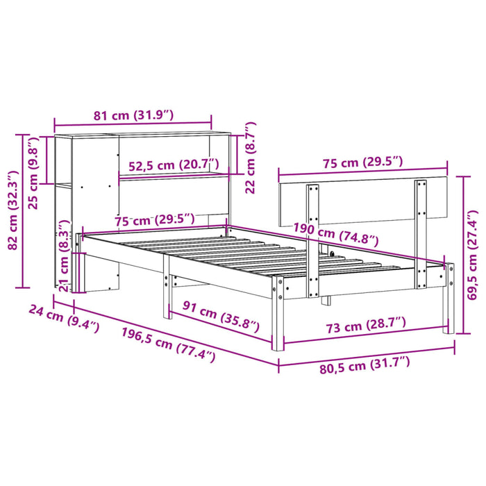 Pat cu bibliotecă fără saltea, alb, 75x190 cm, lemn masiv pin WALTI