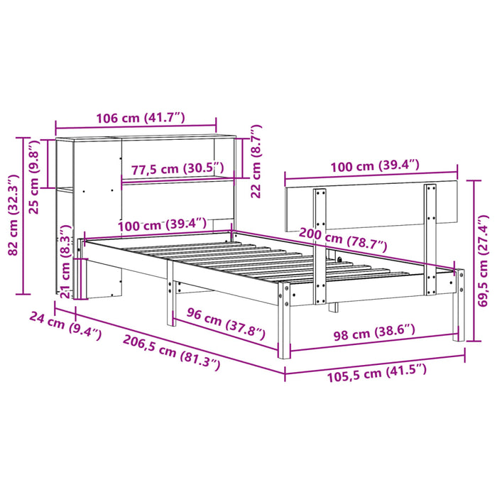 Pat cu bibliotecă fără saltea, 100x200 cm, lemn masiv pin WALTI