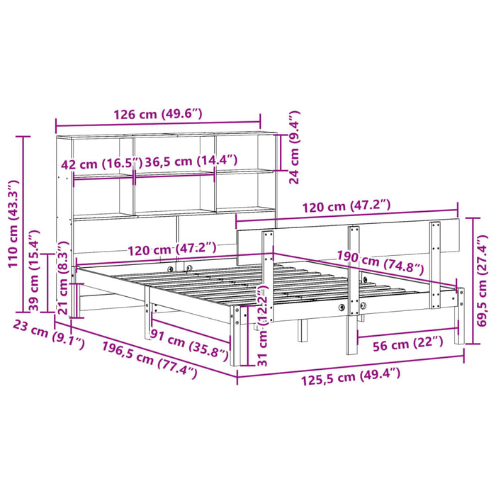 Pat cu bibliotecă fără saltea, 120x190 cm, lemn masiv de pin WALTI