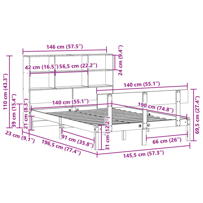 Pat cu bibliotecă fără saltea, alb, 140x190 cm, lemn masiv pin WALTI