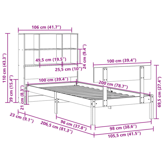 Pat cu bibliotecă fără saltea, 100x200 cm, lemn masiv pin WALTI