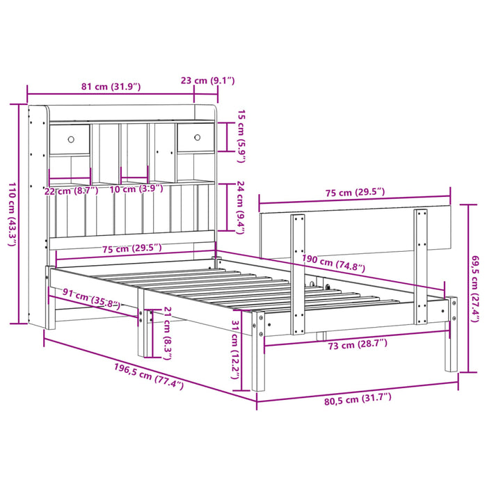 Pat cu bibliotecă fără saltea, alb, 75x190 cm, lemn masiv pin WALTI