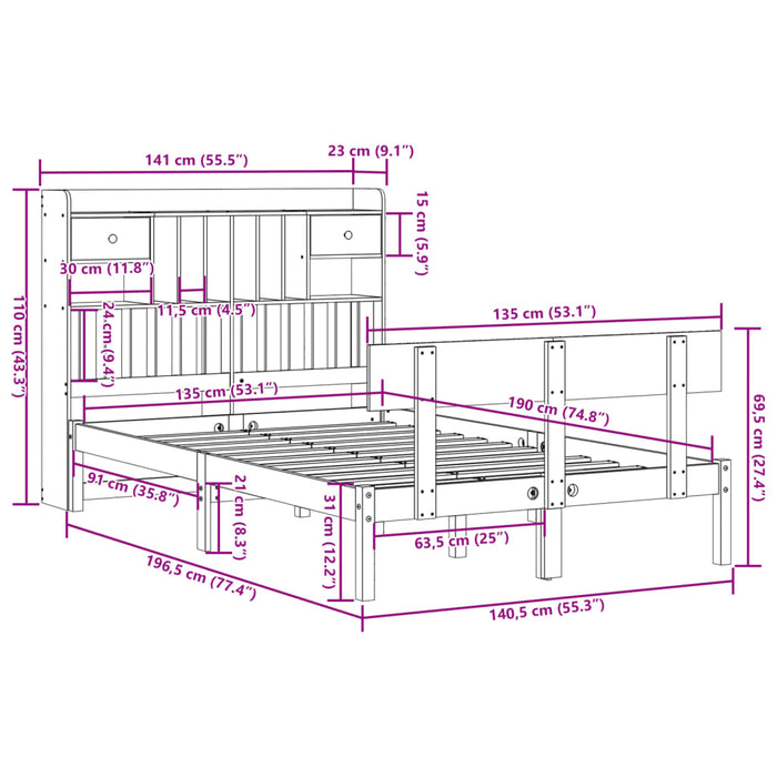 Pat cu bibliotecă fără saltea, alb, 135x190 cm, lemn masiv pin - WALTI WALTI