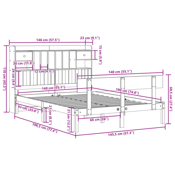 Pat cu bibliotecă fără saltea, alb, 140x190 cm, lemn masiv pin WALTI