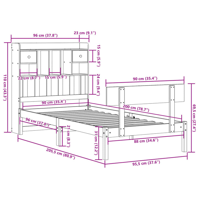 Pat cu bibliotecă fără saltea, 90x200 cm, lemn masiv pin - WALTI WALTI